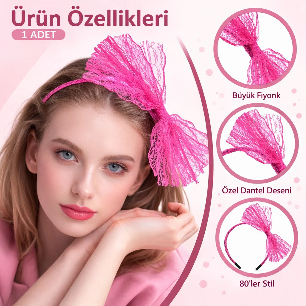 80’ler 90’lar Neon Pembe Dantel Taç Fiyonklu (4741) 80’ler 90’lar Neon Pembe Dantel Taç Fiyonklu (4741)
