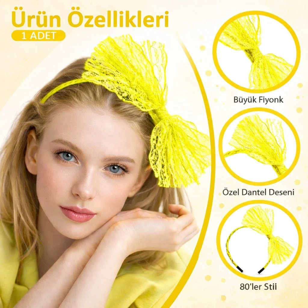 80'ler 90'lar Neon Sarı Dantel Taç Fiyonklu - Retro Parti Saç Bandı