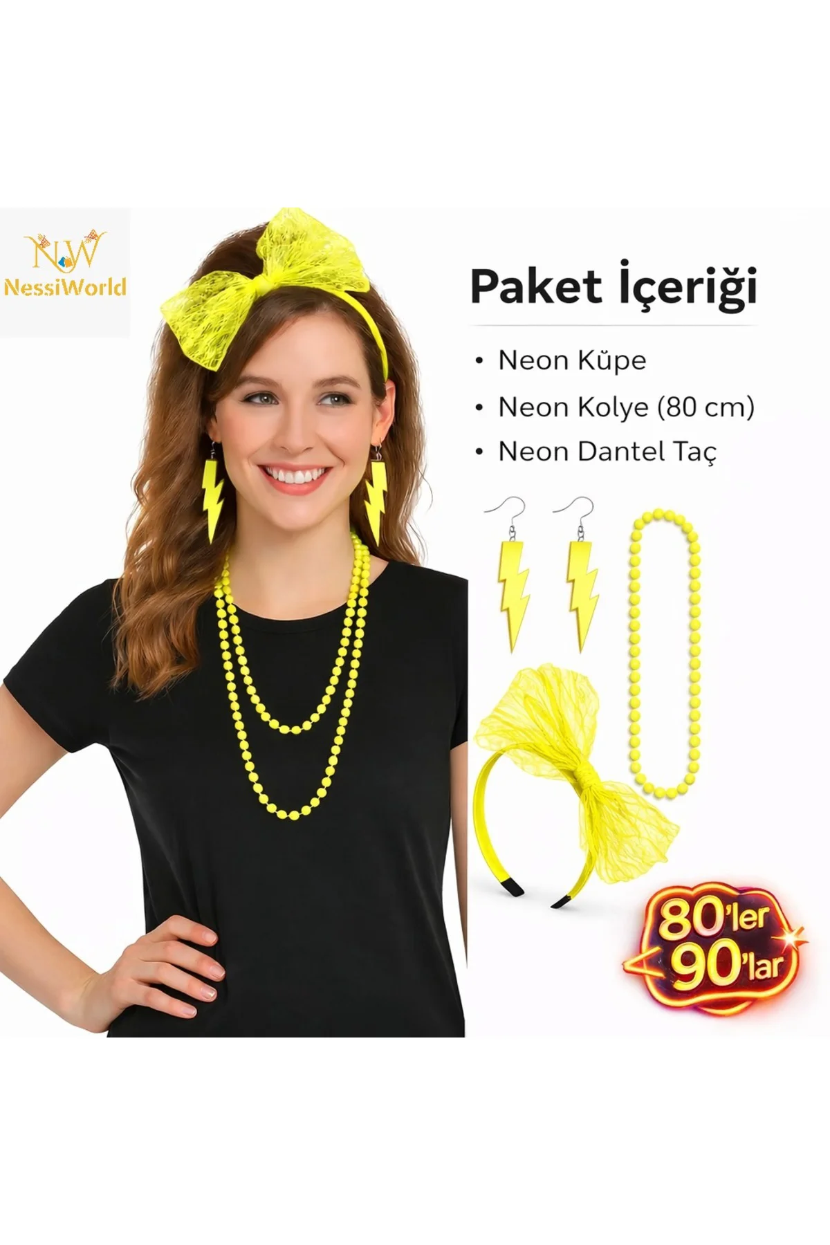80’ler 90’lar Neon Sarı Parti Seti – Kolye Küpe Taç