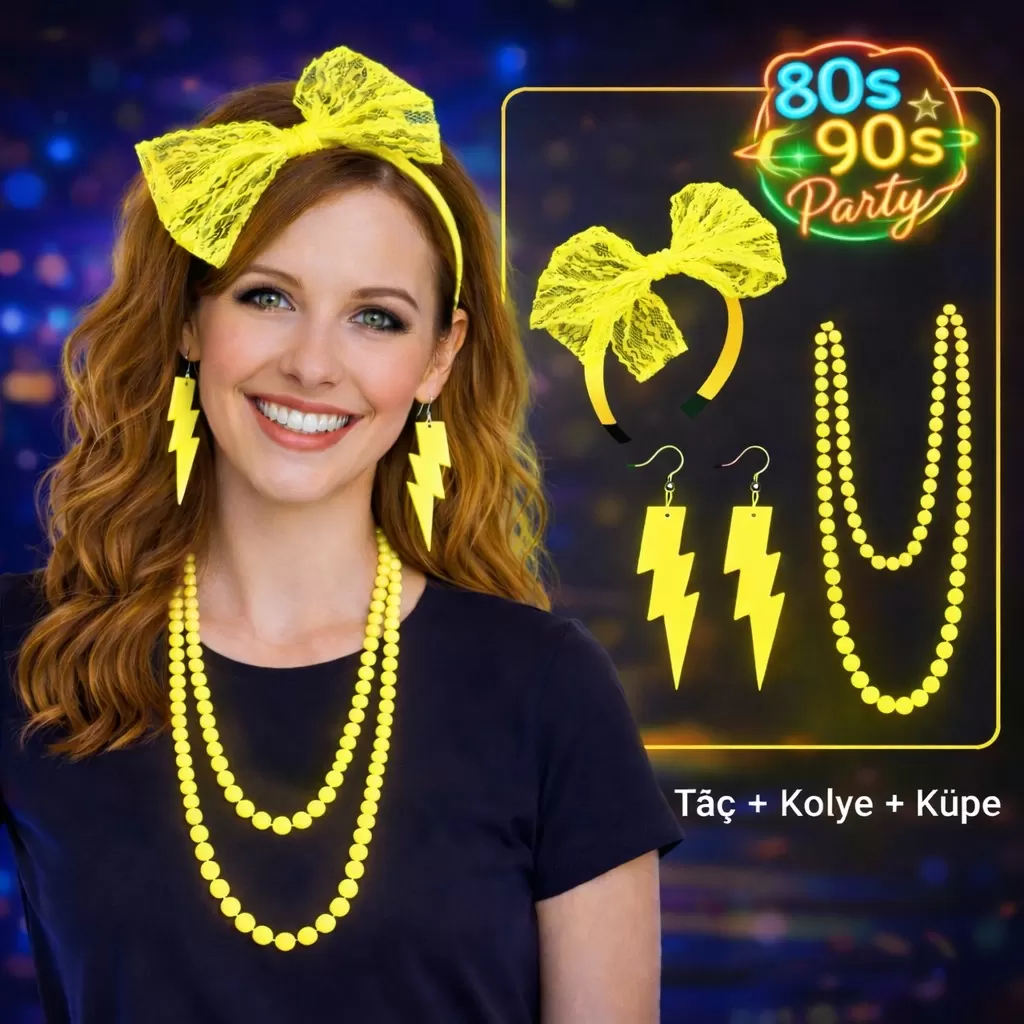 Neon Sarı Parti Seti Kolye Küpe Taç 80'ler 90'lar Temalı Neon Sarı Parti Seti Kolye Küpe Taç 80'ler 90'lar Temalı