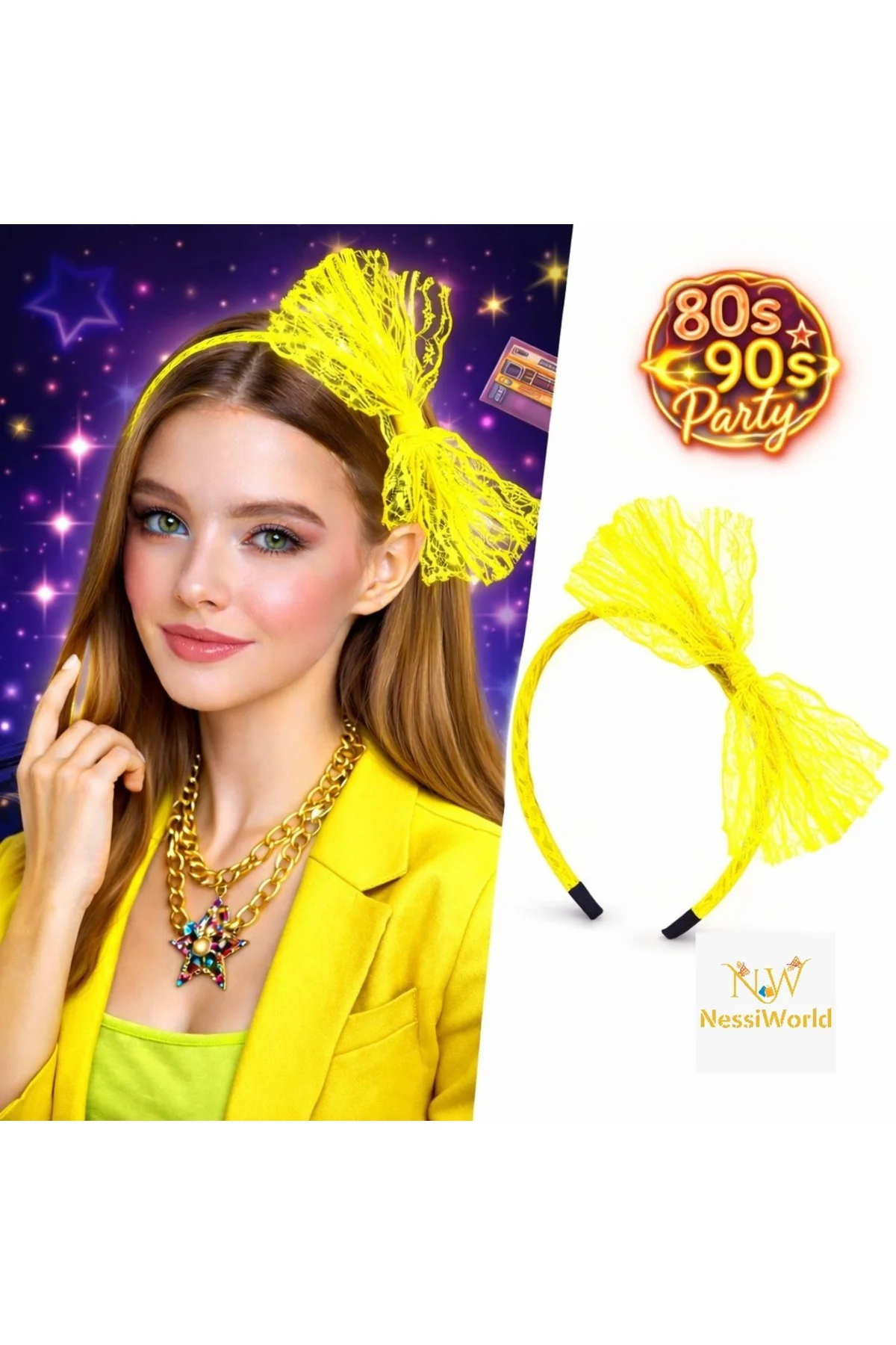 80’ler 90’lar Neon Sarı Dantel Taç Fiyonklu