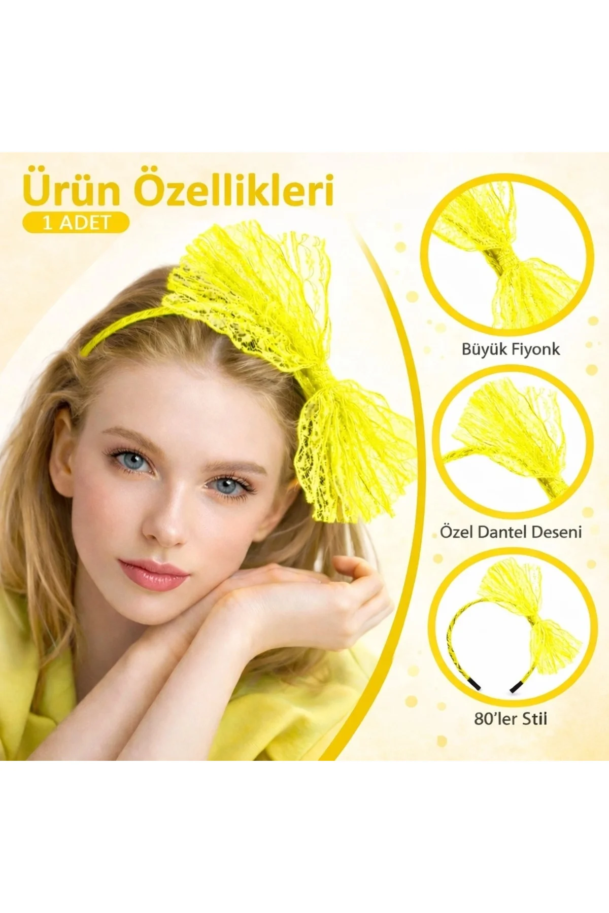 80’Ler 90’Lar Neon Sarı Dantel Taç Fiyonklu 80’Ler 90’Lar Neon Sarı Dantel Taç Fiyonklu - Görsel 2