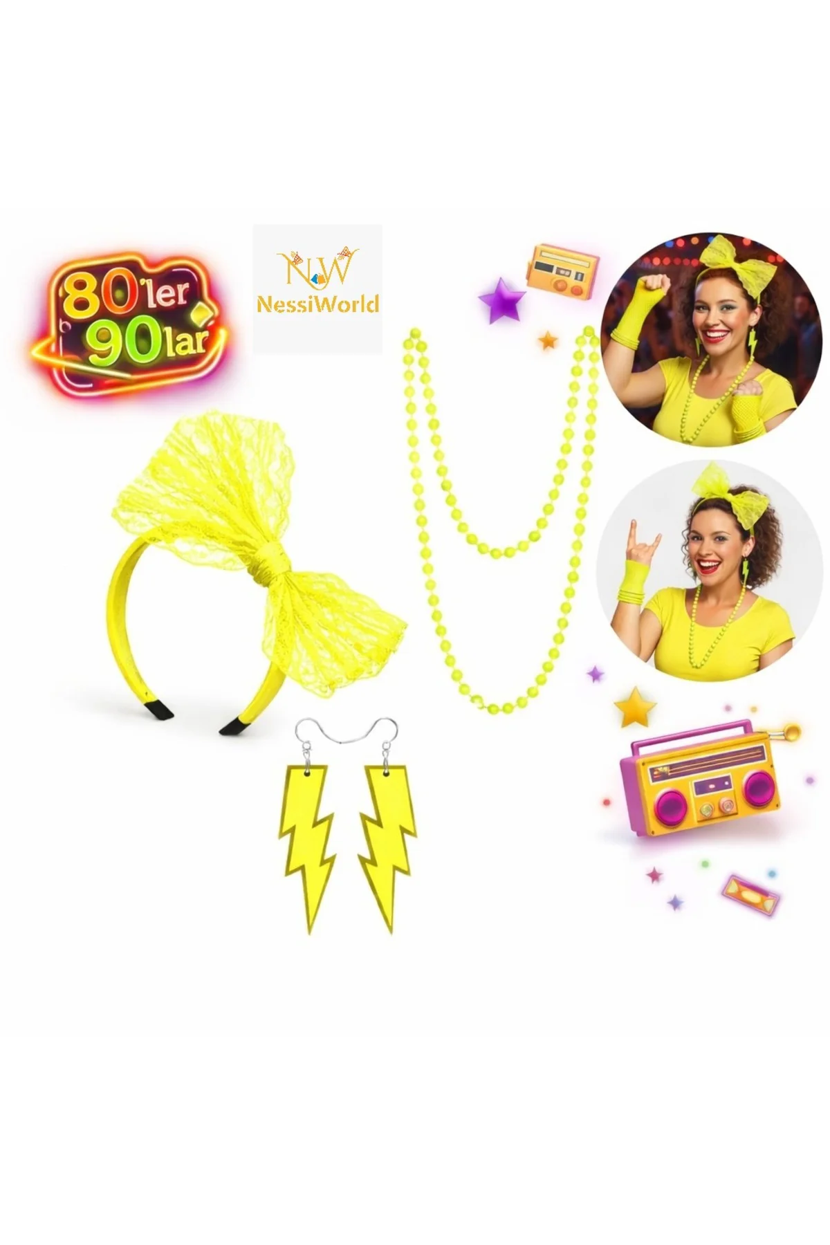 80’ler 90’lar Neon Sarı Parti Seti – Kolye Küpe Taç