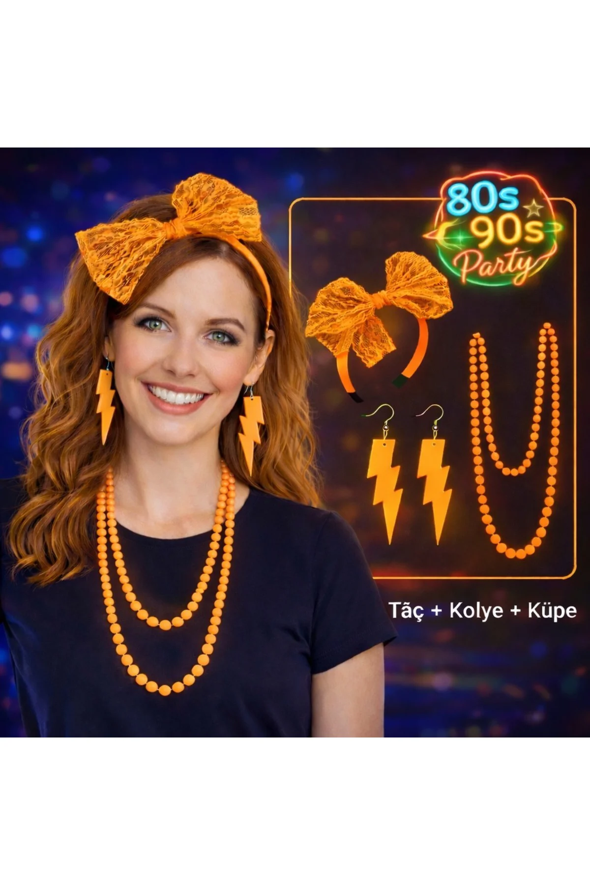 80’Ler 90’Lar Neon Tcu Parti Seti – Kolye Küpe Taç
