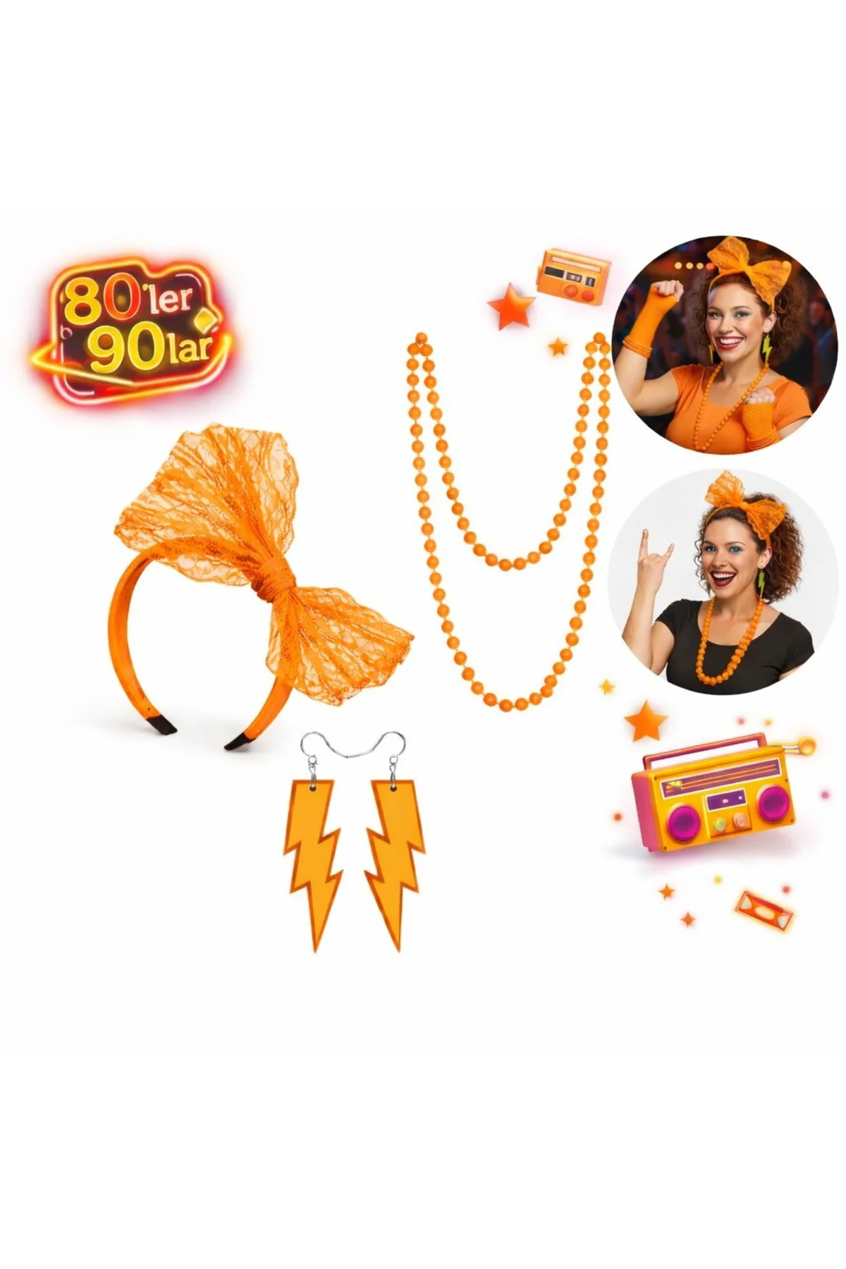 80’ler 90’lar Neon Tcu Parti Seti – Kolye Küpe Taç