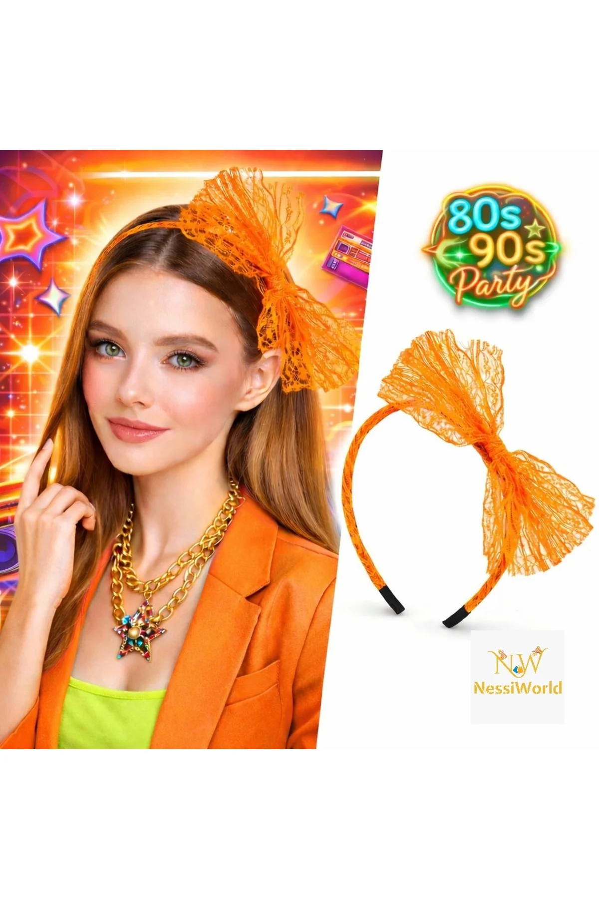 80’ler 90’lar Neon Turuncu Dantel Taç Fiyonklu