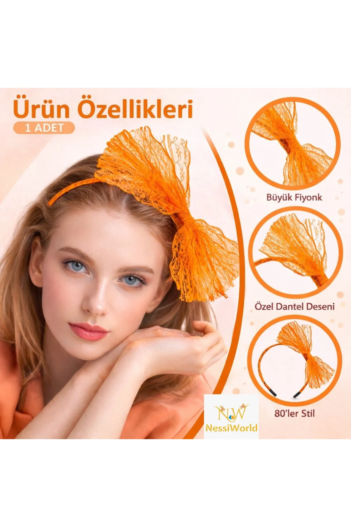 80’ler 90’lar Neon Turuncu Dantel Taç Fiyonklu