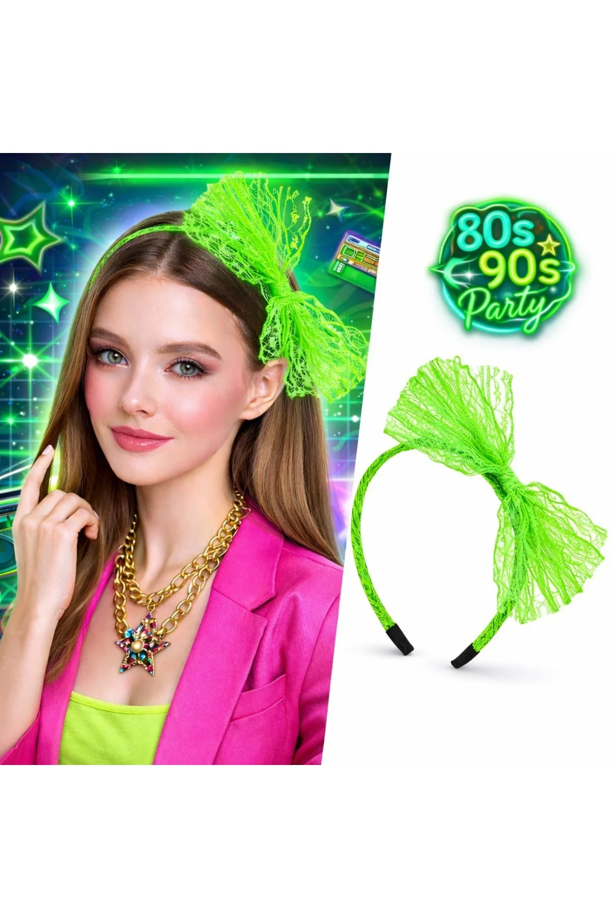 80’ler 90’lar Neon Yeşil Dantel Taç Fiyonklu