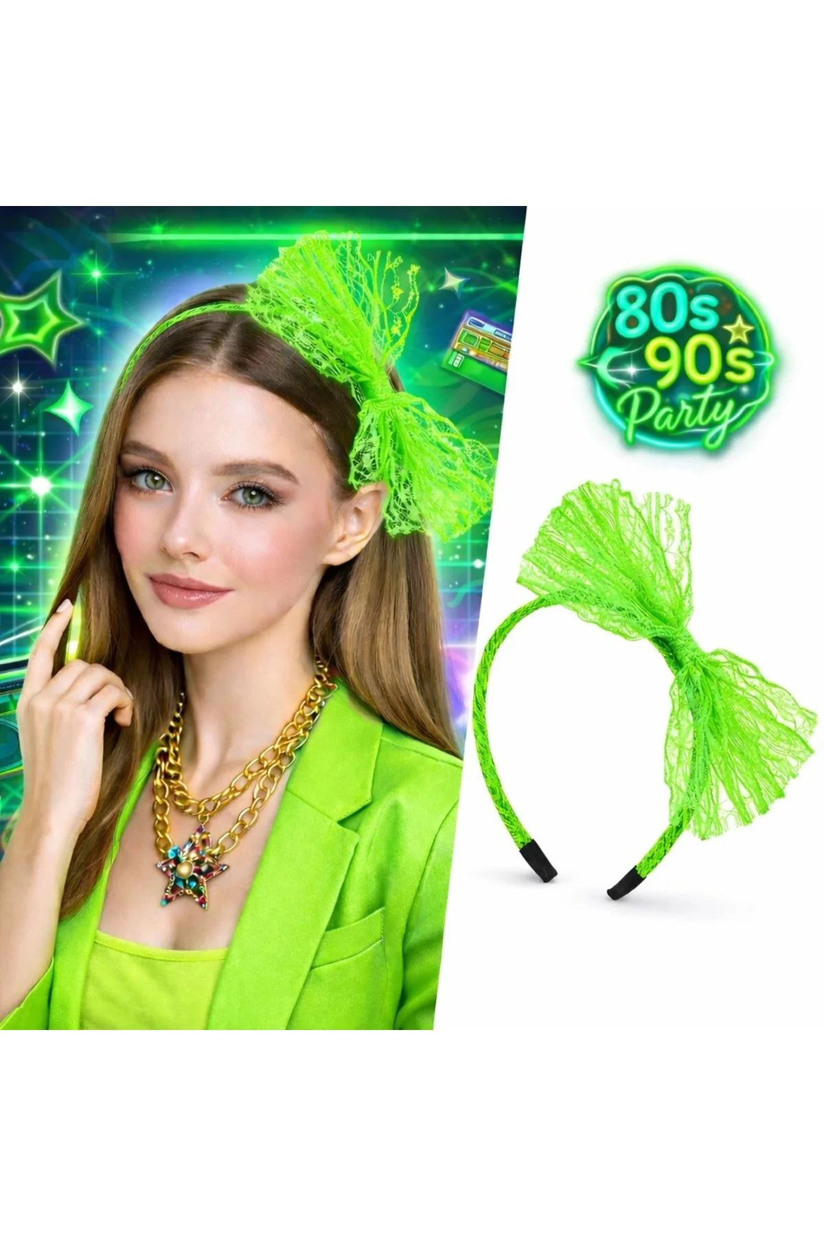 80’Ler 90’Lar Neon Yeşil Dantel Taç Fiyonklu 80’Ler 90’Lar Neon Yeşil Dantel Taç Fiyonklu