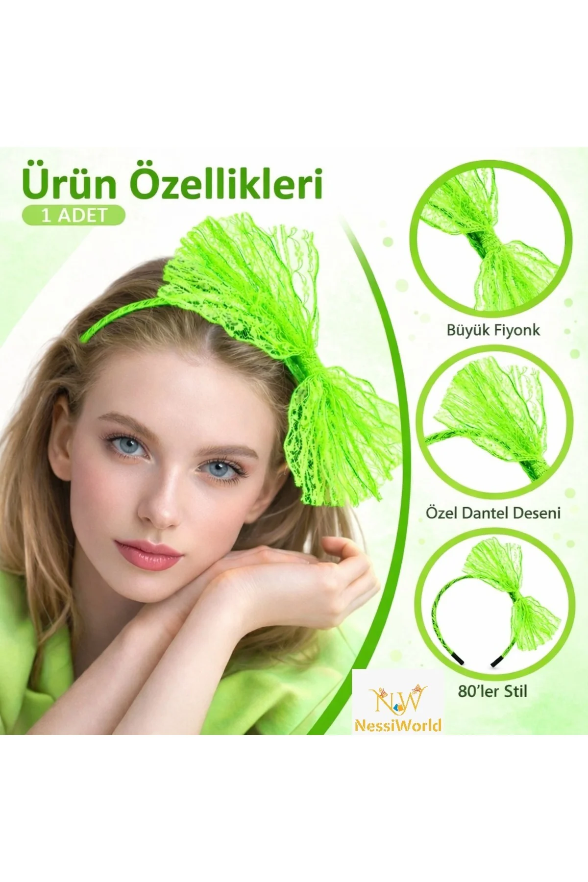 80’ler 90’lar Neon Yeşil Dantel Taç Fiyonklu