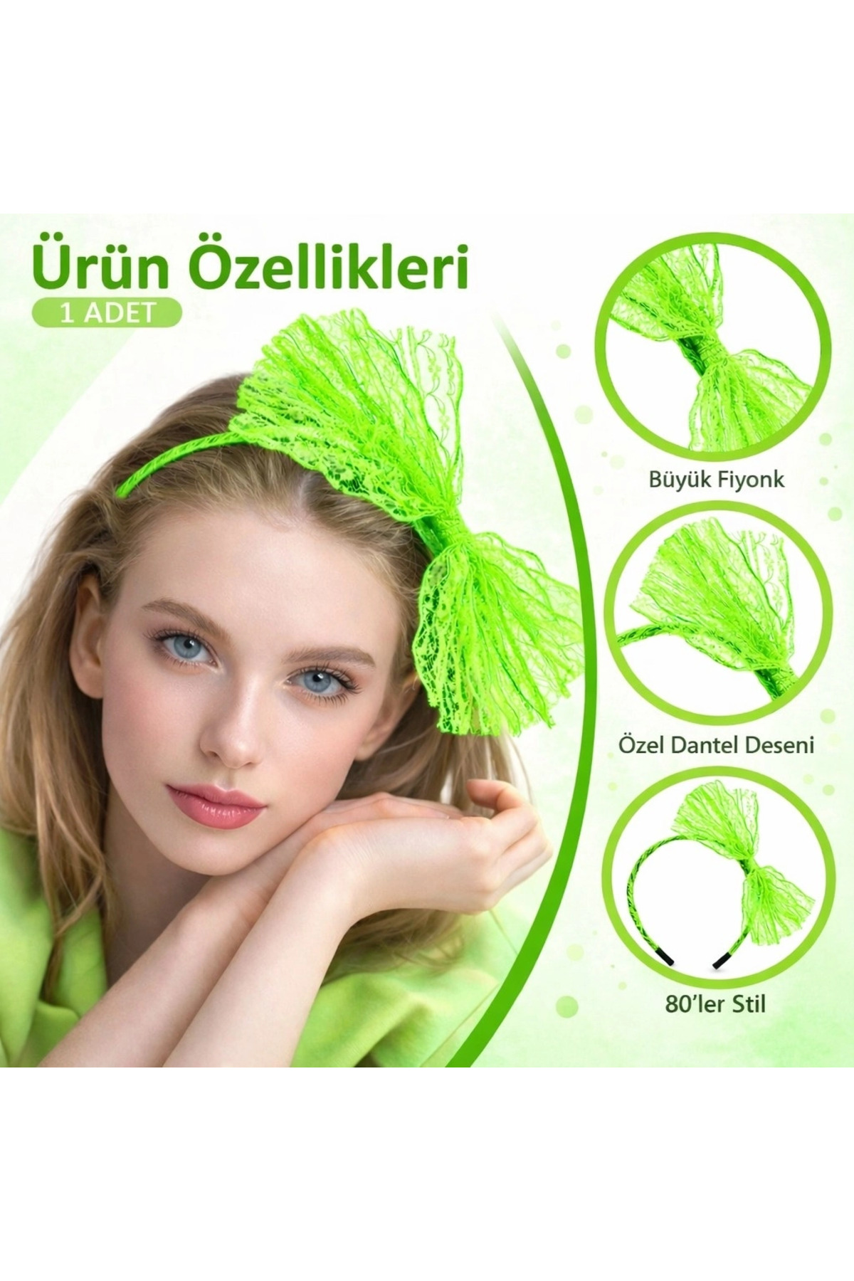 80’ler 90’lar Neon Yeşil Dantel Taç Fiyonklu - Lisinya 80’ler 90’lar Neon Yeşil Dantel Taç Fiyonklu - Lisinya