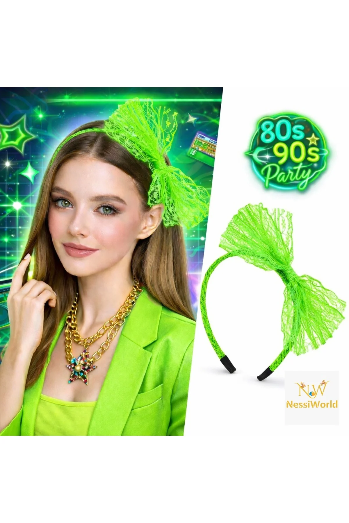 80’ler 90’lar Neon Yeşil Dantel Taç Fiyonklu