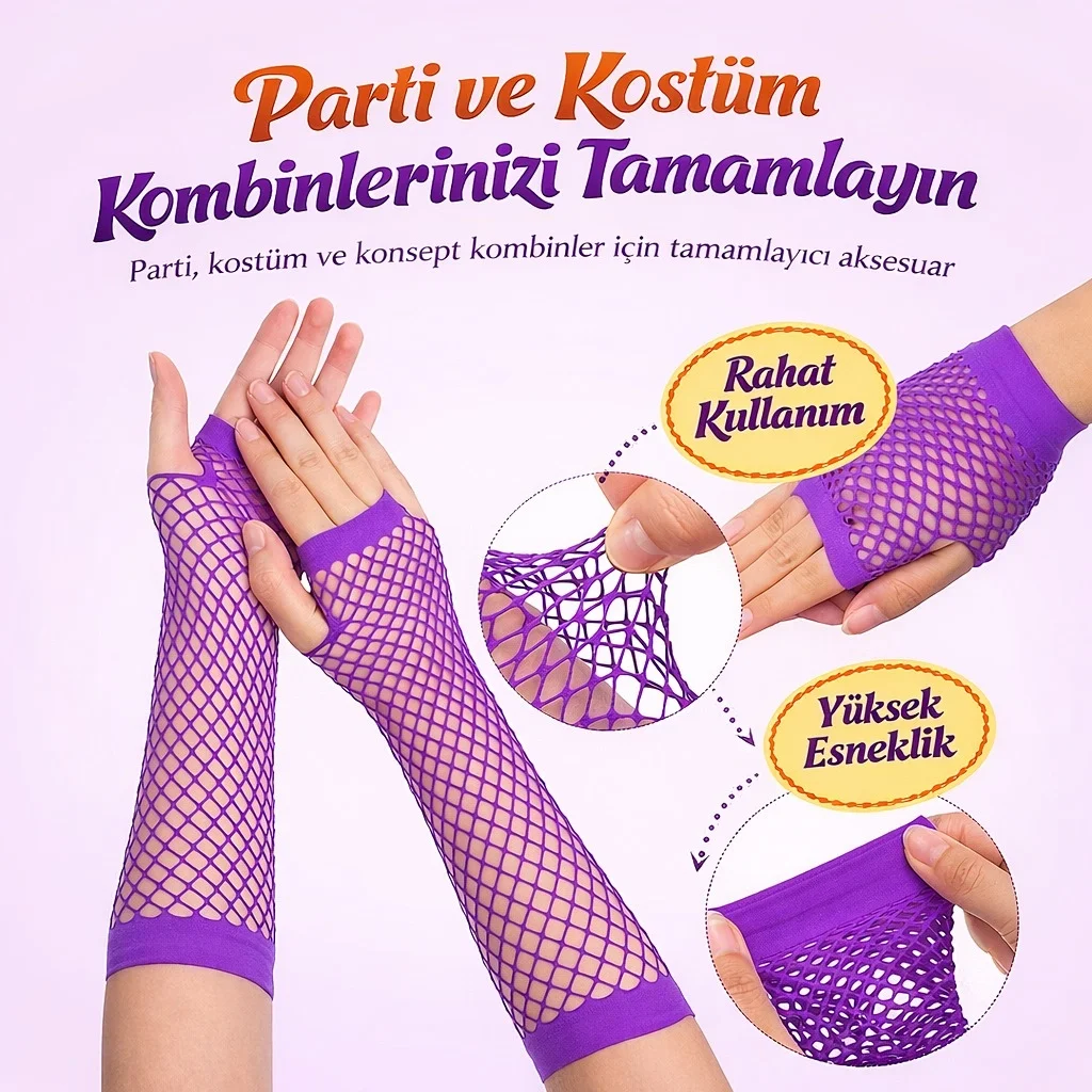 80’ler 90’lar Retro Mor File Parmaksız Eldiven 26 Cm - Görsel 2