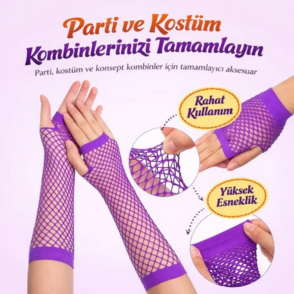 80’ler 90’lar Retro Mor File Parmaksız Eldiven 26 cm