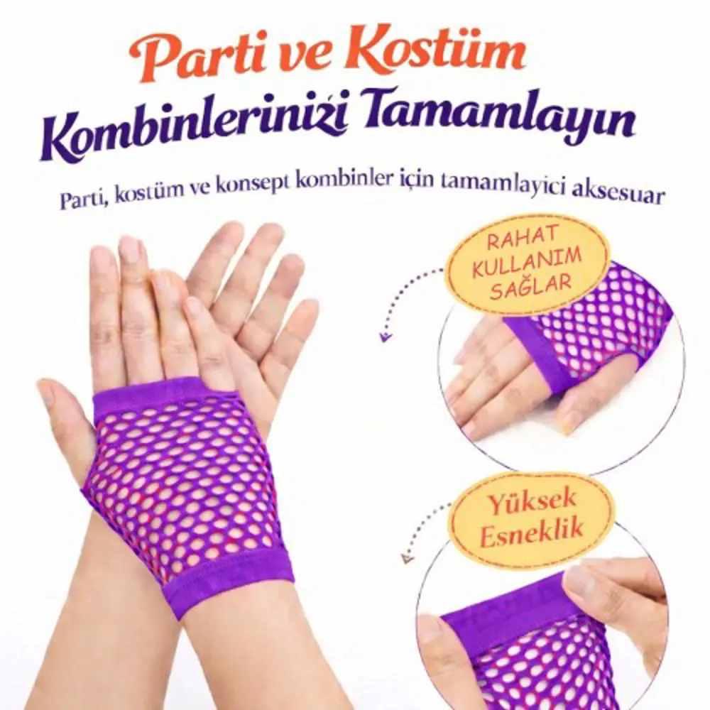 80’ler 90’lar Retro Mor File Parmaksız Kısa Eldiven 11 cm