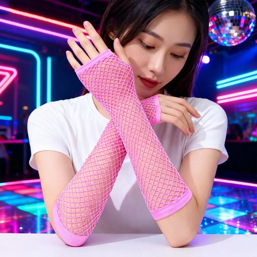 80’ler 90’lar Retro Neon Pembe File Parmaksız Eldiven 26 Cm - Görsel 3