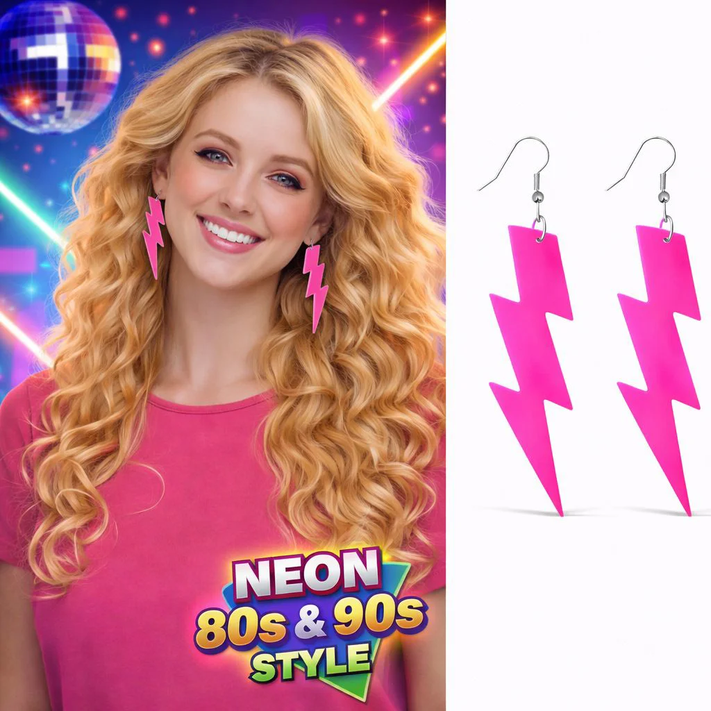 80'ler 90'lar Retro Neon Pembe Şimşek Küpe - 10 cm Iddialı Aksesuar