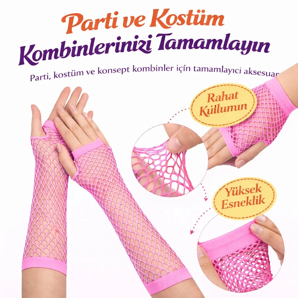 80’ler 90’lar Retro Neon Pembe File Parmaksız Eldiven 26 Cm - Görsel 2