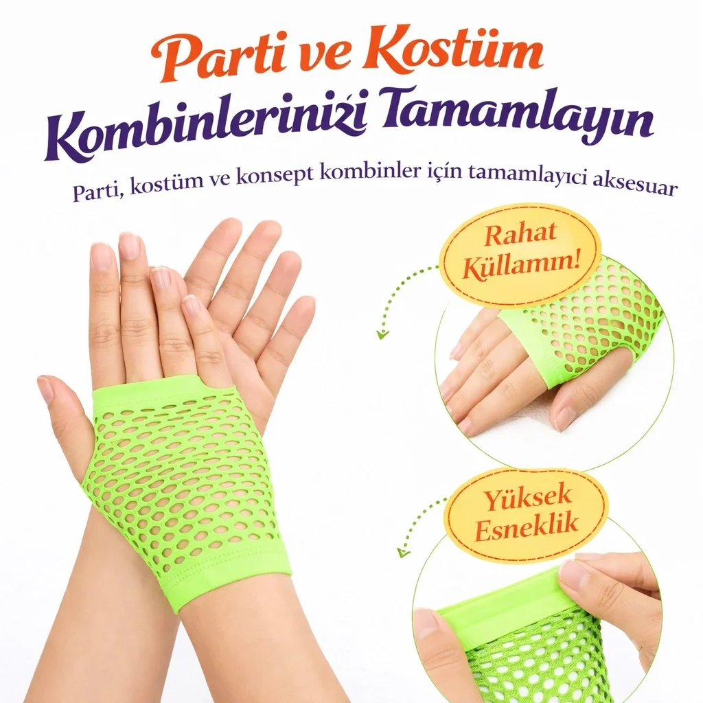 80’ler 90’lar Retro Neon Yeşil File Parmaksız Kısa Eldiven 11 Cm - Görsel 2