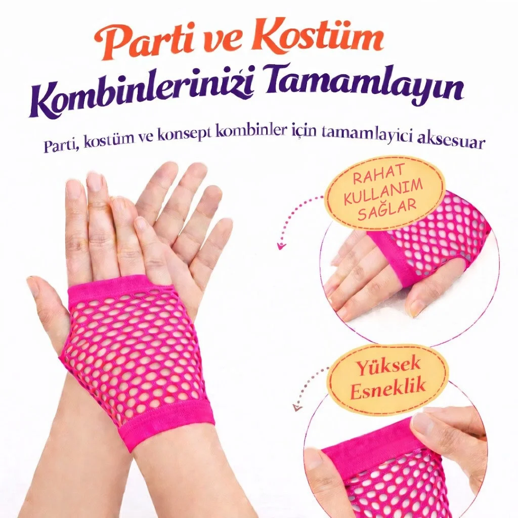 80’ler 90’lar Retro Neon Fuşya Şeker Pembesi File Parmaksız Kısa Eldiven 11 Cm - Görsel 2