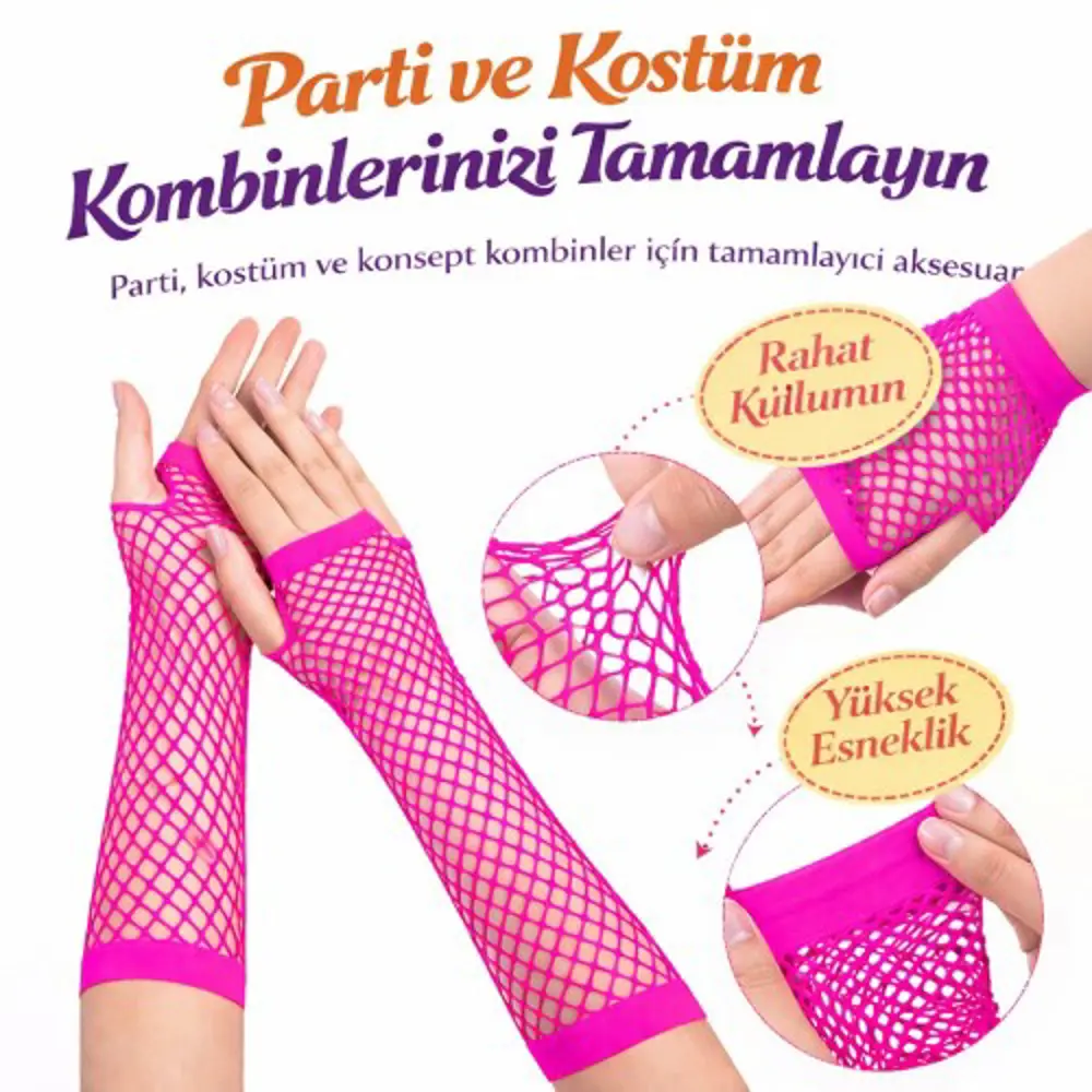 80’ler 90’lar Retro Neon Fuşya Şeker Pembesi File Parmaksız Eldiv