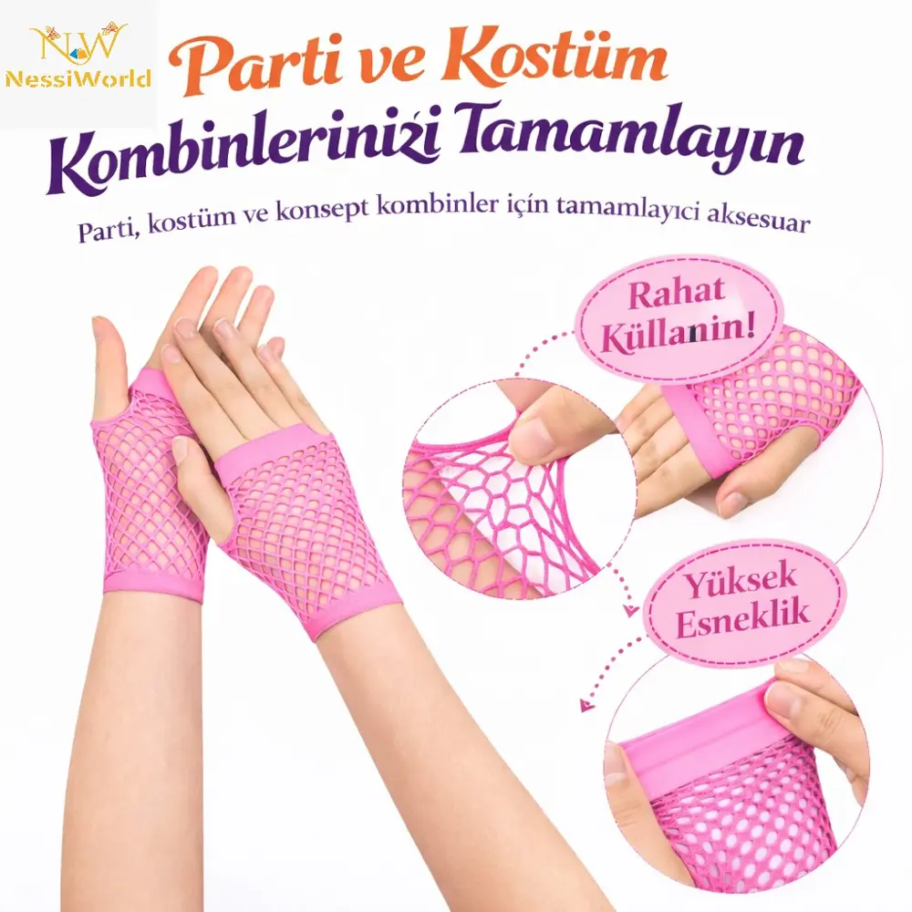 80’ler 90’lar Retro Neon Pembe File Parmaksız Kısa Eldiven 11 cm