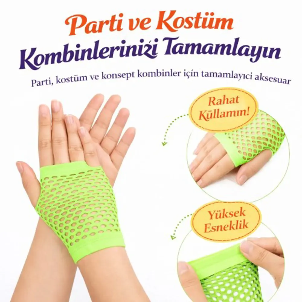 80’ler 90’lar Retro Neon Yeşil File Parmaksız Kısa Eldiven 11 cm