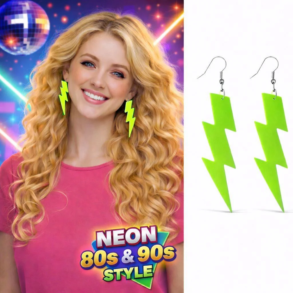 80'ler Retro Neon Yeşil Şimşek Küpe – 10 Cm Zigzag Küpe 80'ler Retro Neon Yeşil Şimşek Küpe – 10 Cm Zigzag Küpe