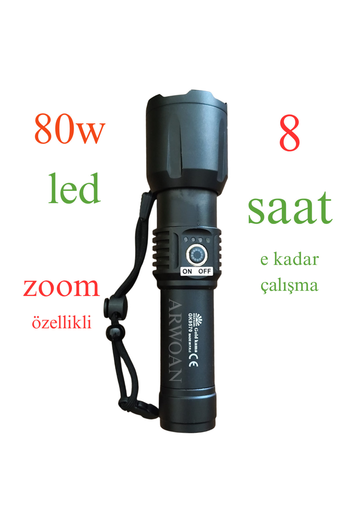 80W LED El Feneri - Zoom Özellikli, 8 Saat Çalışma Süresi