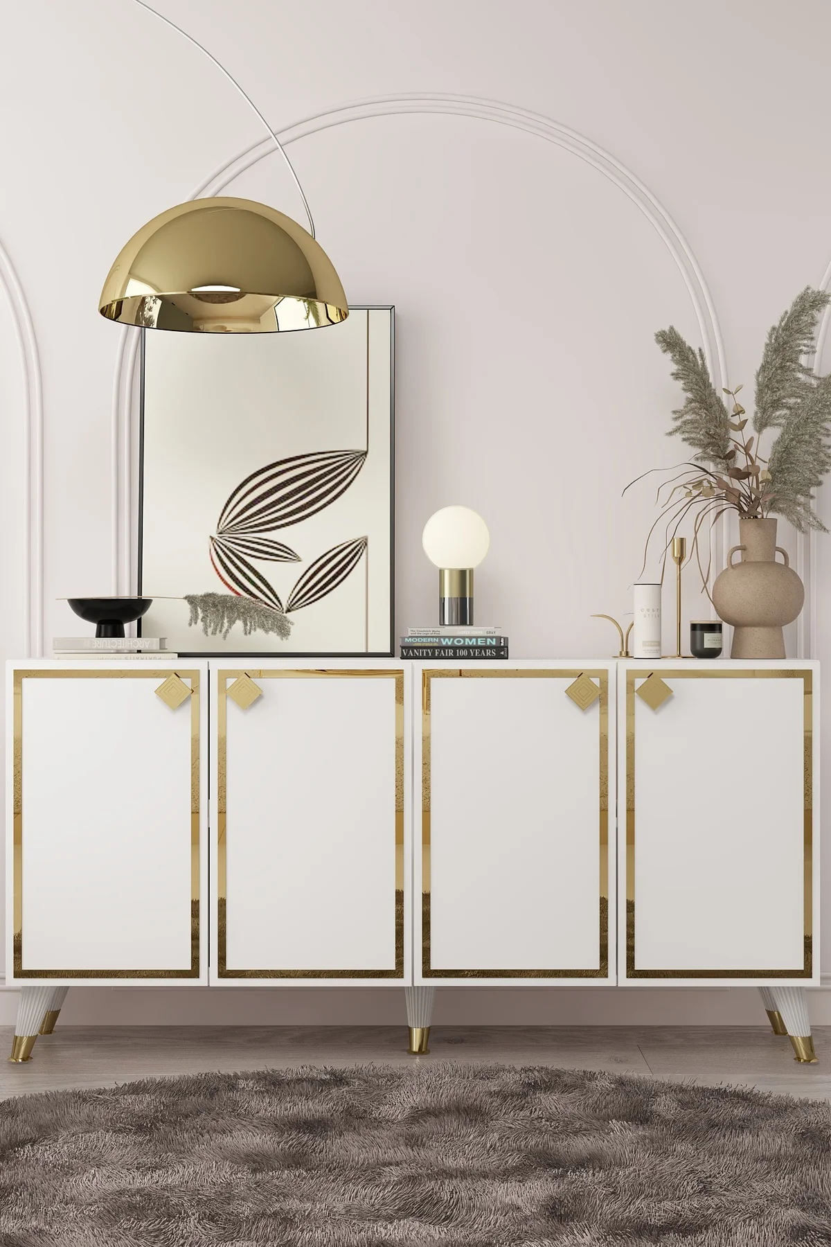 8206-1CT KB150 KONSOL, TV ÜNİTESİ BEYAZ-ALTIN