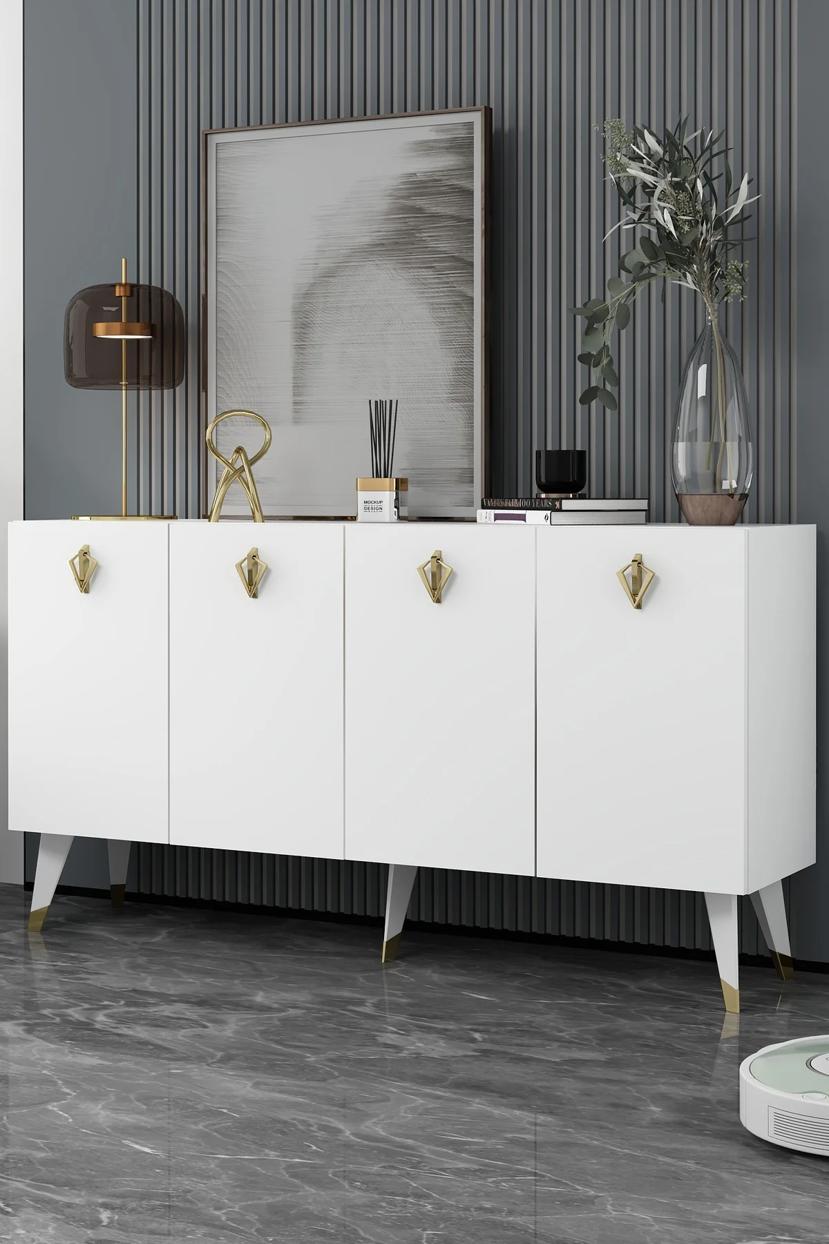 8209-32CT KB150 KONSOL, TV ÜNİTESİ BEYAZ-ALTIN