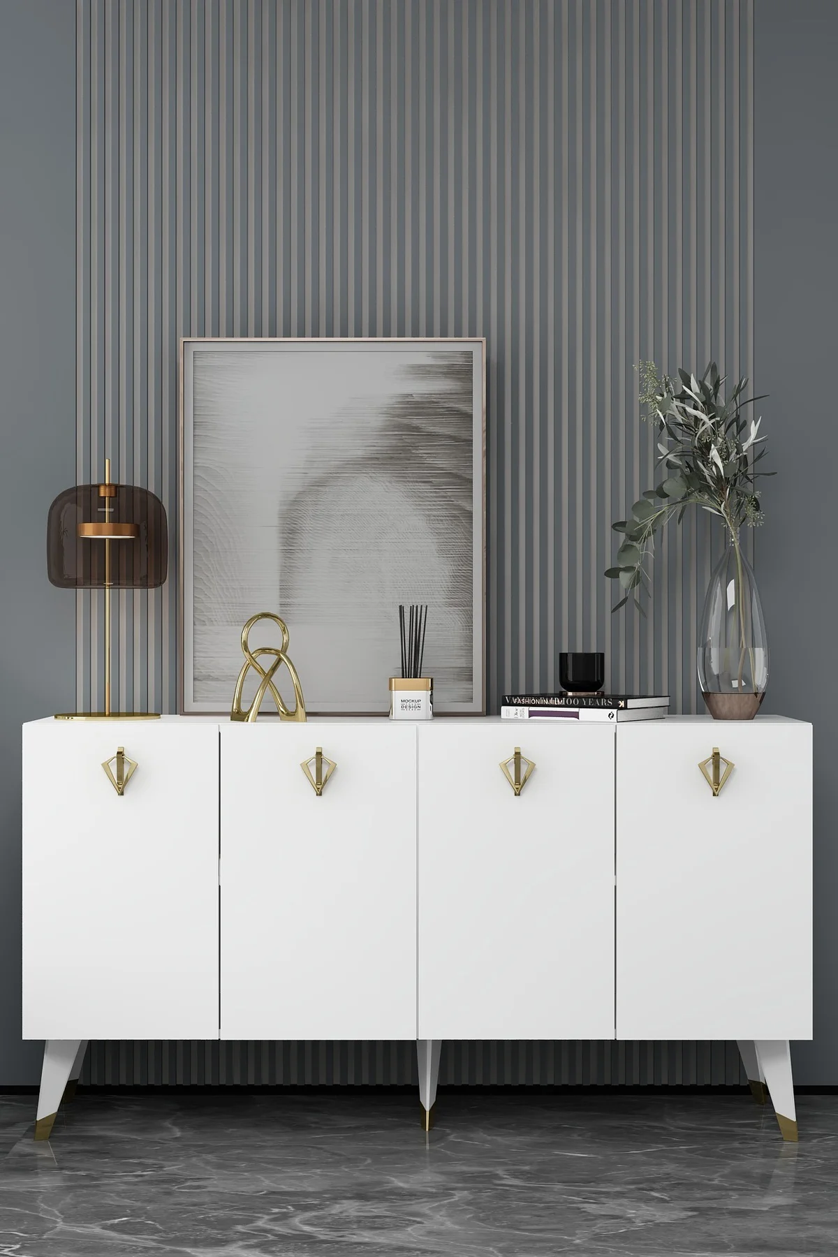 8209-32CT KB150 KONSOL, TV ÜNİTESİ BEYAZ-ALTIN