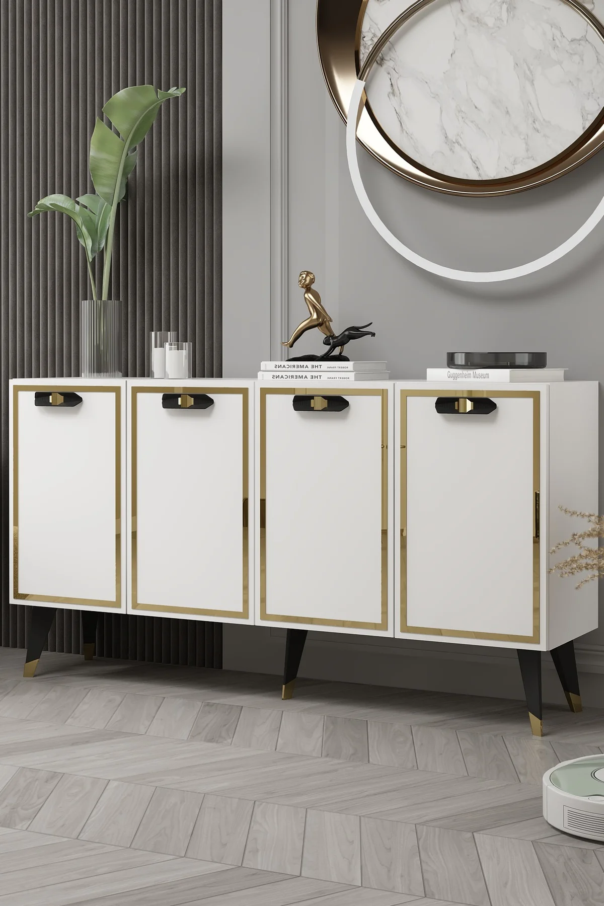 8221-32CT KB150 KONSOL,TV ÜNİTESİ BEYAZ-SİYAH-ALTIN