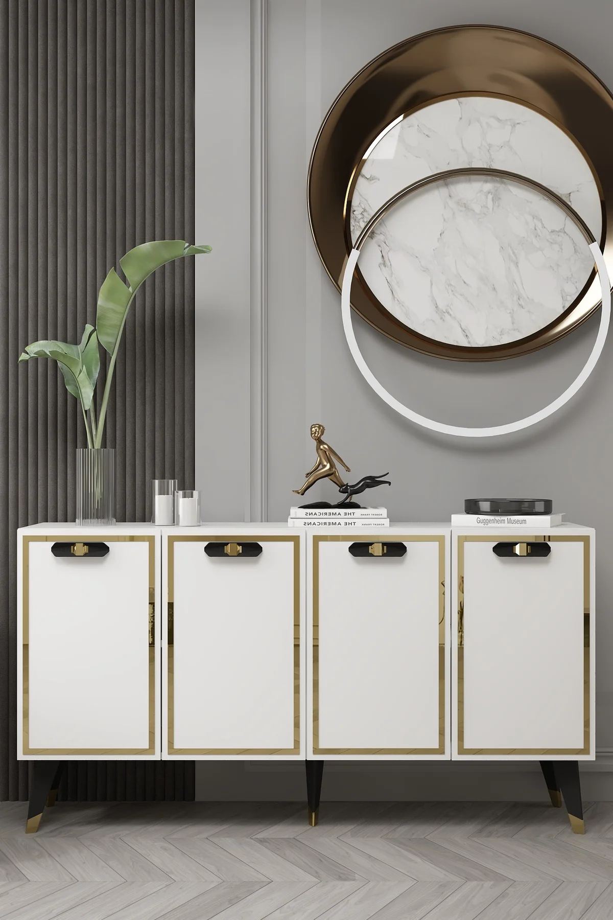 8221-32CT KB150 KONSOL,TV ÜNİTESİ BEYAZ-SİYAH-ALTIN