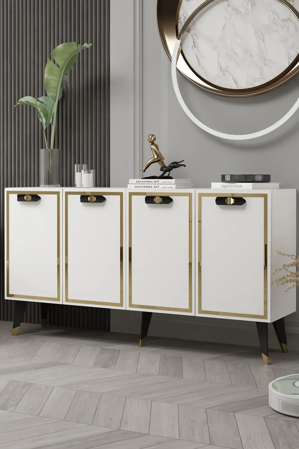 8221-32CT KB150 KONSOL,TV ÜNİTESİ BEYAZ-SİYAH-ALTIN