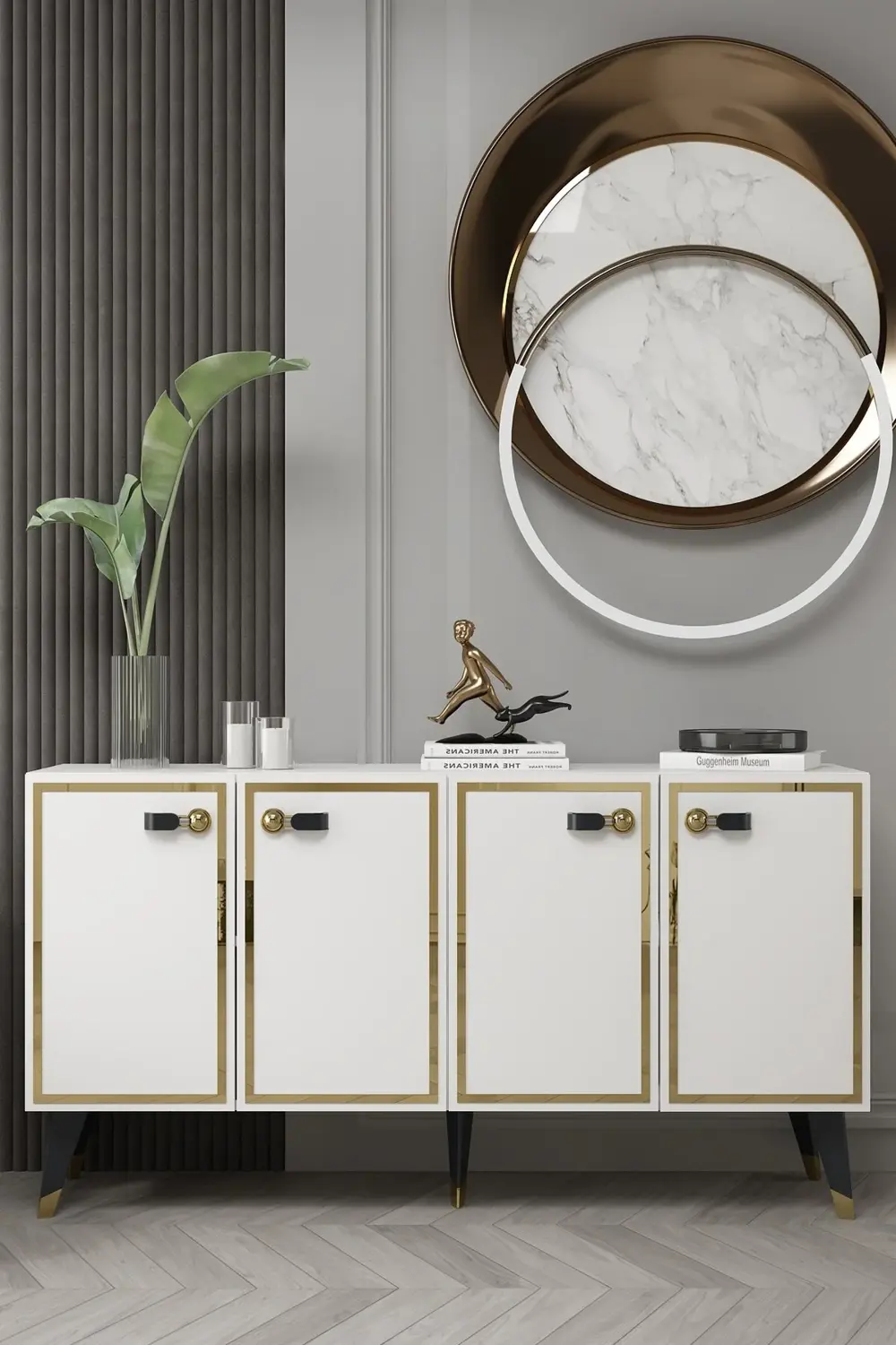 8223-64CT KB150 KONSOL,TV ÜNİTESİ BEYAZ-ALTIN-SİYAH