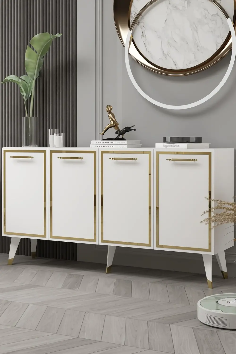 8225-128CT KB150 KONSOL,TV ÜNİTESİ BEYAZ-ALTIN