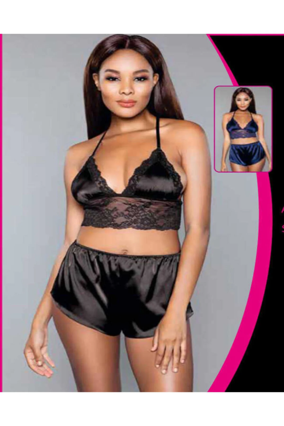 8308 Dantel Detaylı Saten Bralet Sütyen Şort Takımı