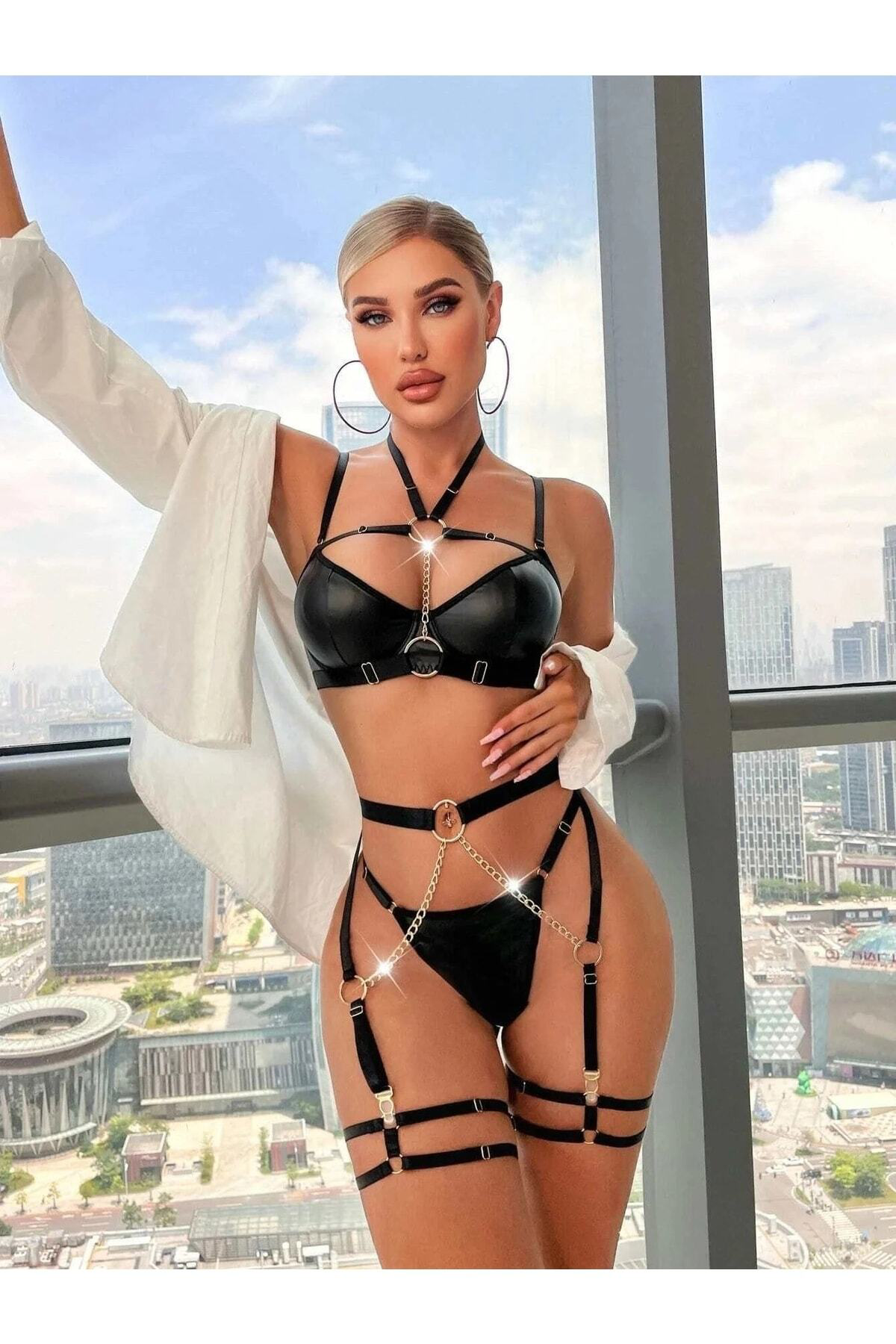 8402 Deri Zincirli Fantezi Jartiyer Takım