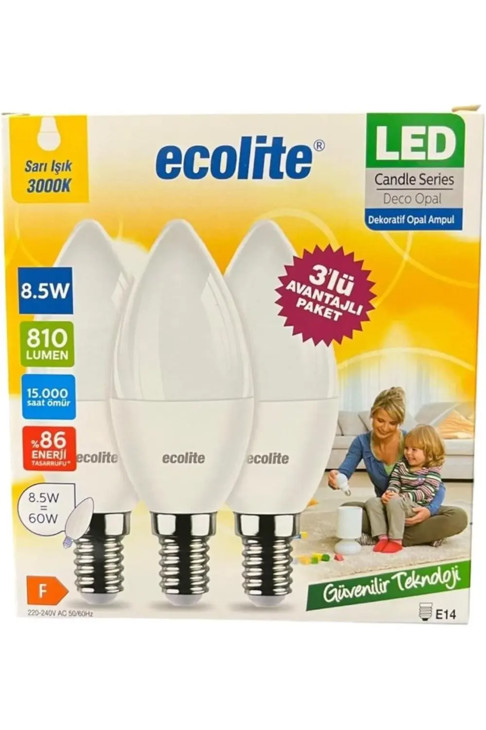 8.5W LED Mum Ampul – E14 Duy, 810 Lümen, 3000K Sarı Işık, 60W Eşd