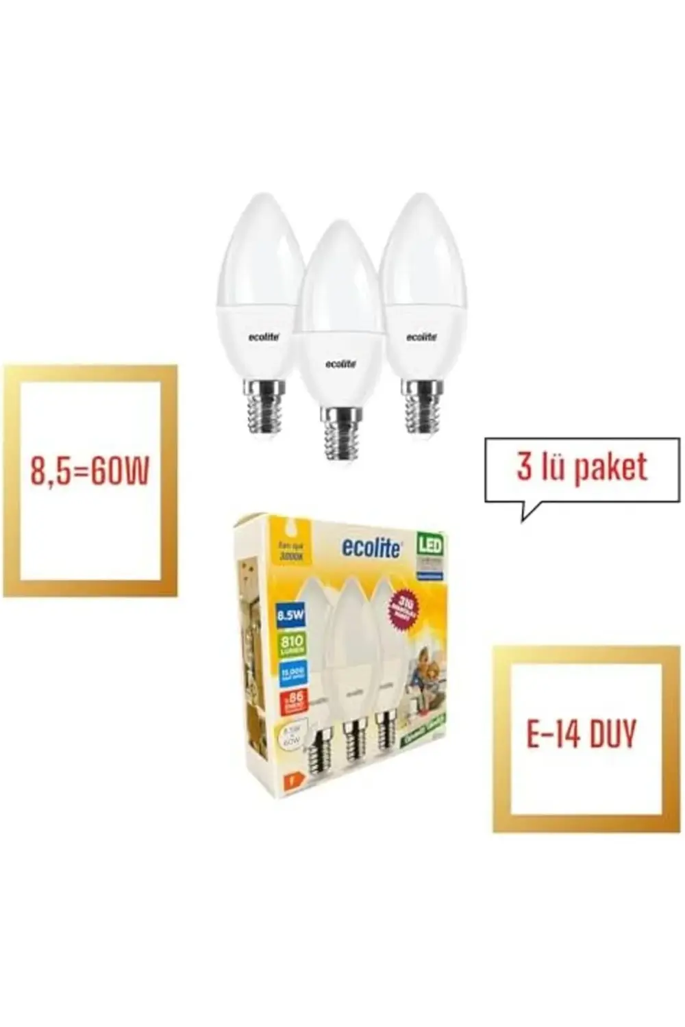 8.5W LED Mum Ampul – E14 Duy, 810 Lümen, 3000K Sarı Işık, 60W Eşd