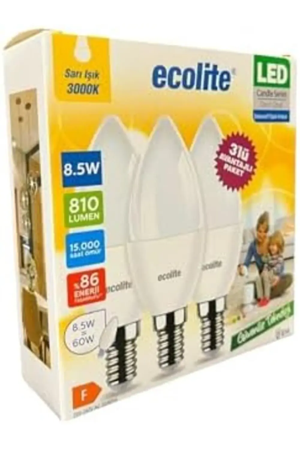 8.5W LED Mum Ampul – E14 Duy, 810 Lümen, 3000K Sarı Işık, 60W Eşd