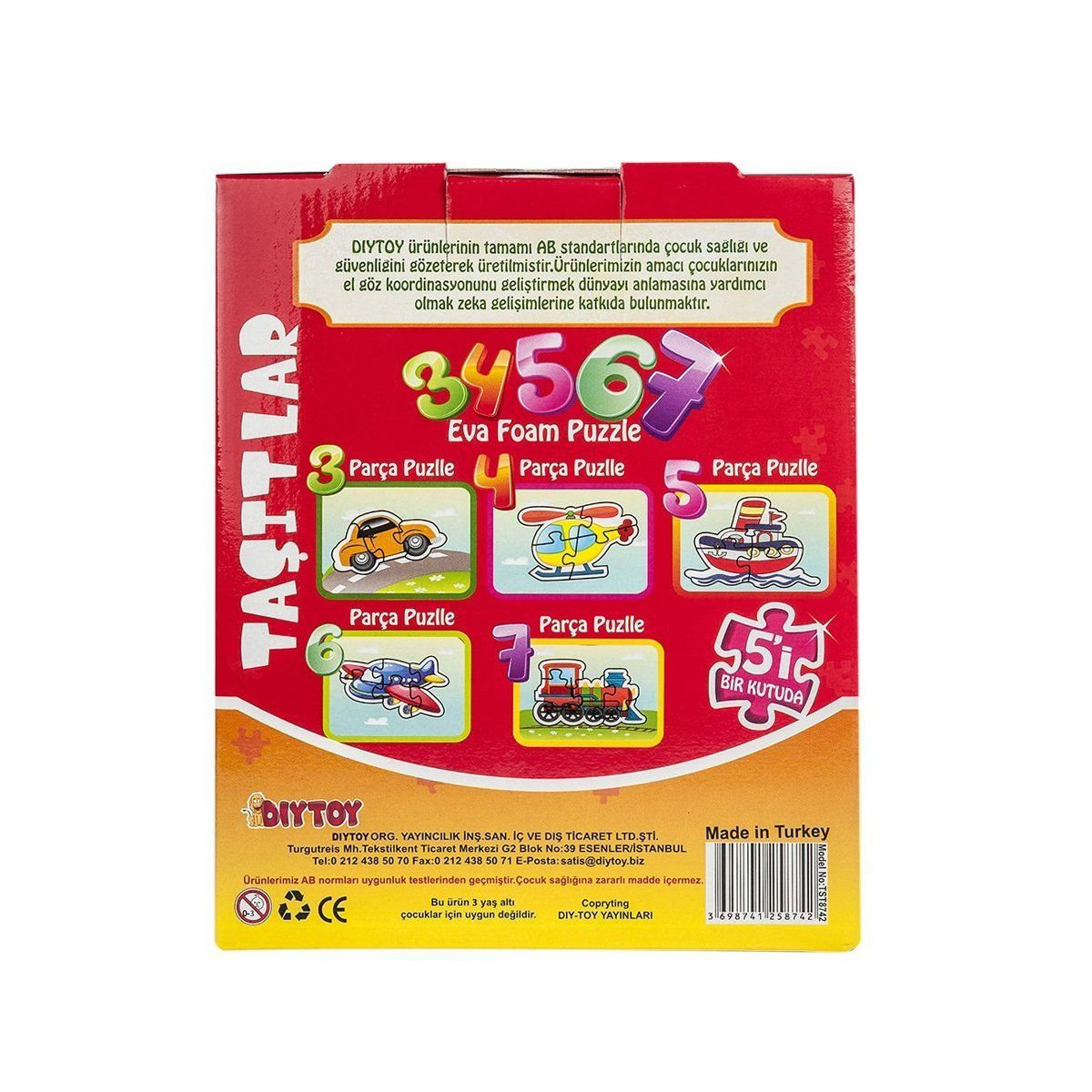 8742 DıyToy Süper Renkli 5'i1 Kutuda Puzzle - Taşıtlar / 3+4+5+6+