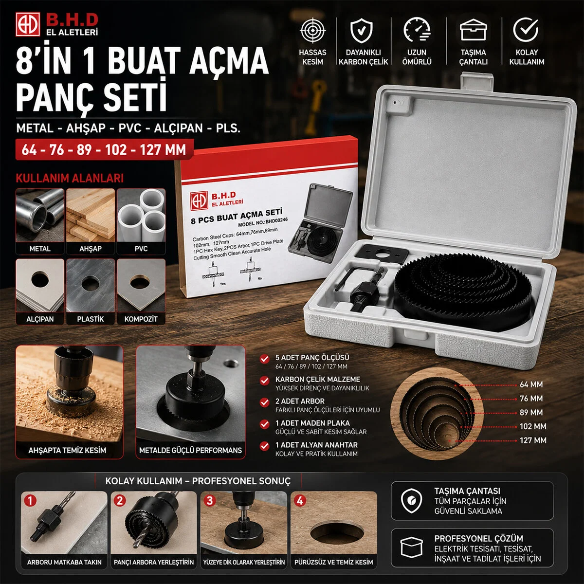 8İN1 Buat Açma Panç Seti Metal - Ahşap - Pvc - Alçıpan - Pls. 64-73-89-102-127MM KTX-3243 8İN1 Buat Açma Panç Seti Metal - Ahşap - Pvc - Alçıpan - Pls. 64-73-89-102-127MM KTX-3243