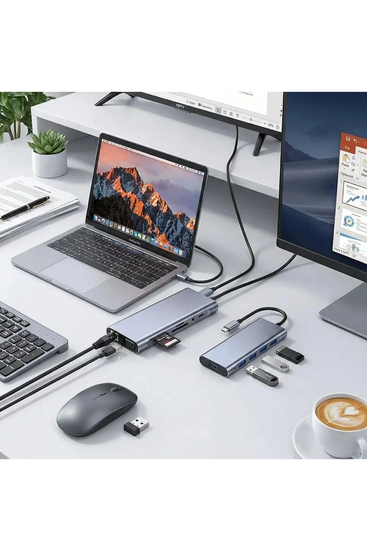 8in1 Type-C Çoklayıcı Hub HD 4K USB 3.0 SD TF Kart RJ45 Ethernet Dönüştürücü Adaptör