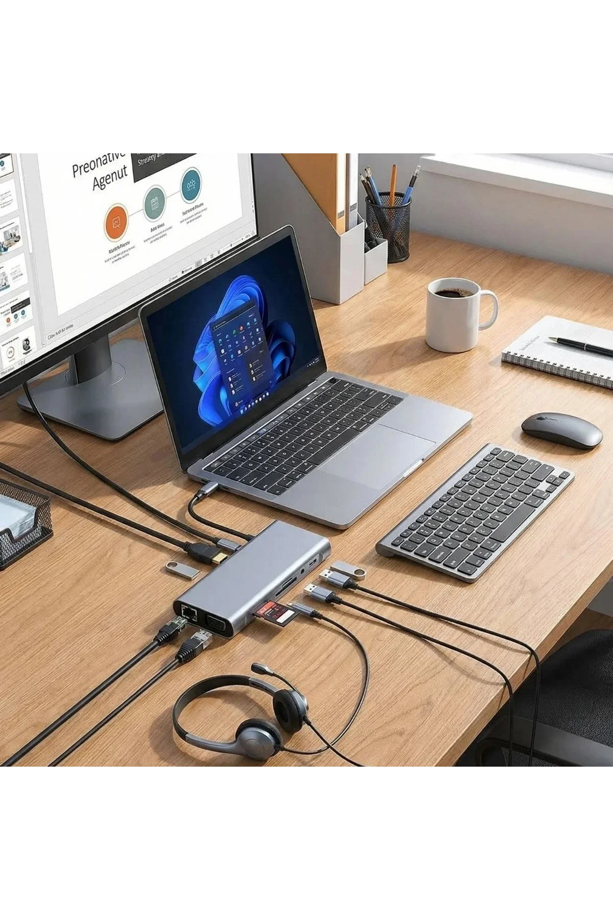 8in1 Type-C Çoklayıcı Hub HD 4K USB 3.0 SD TF Kart RJ45 Ethernet Dönüştürücü Adaptör