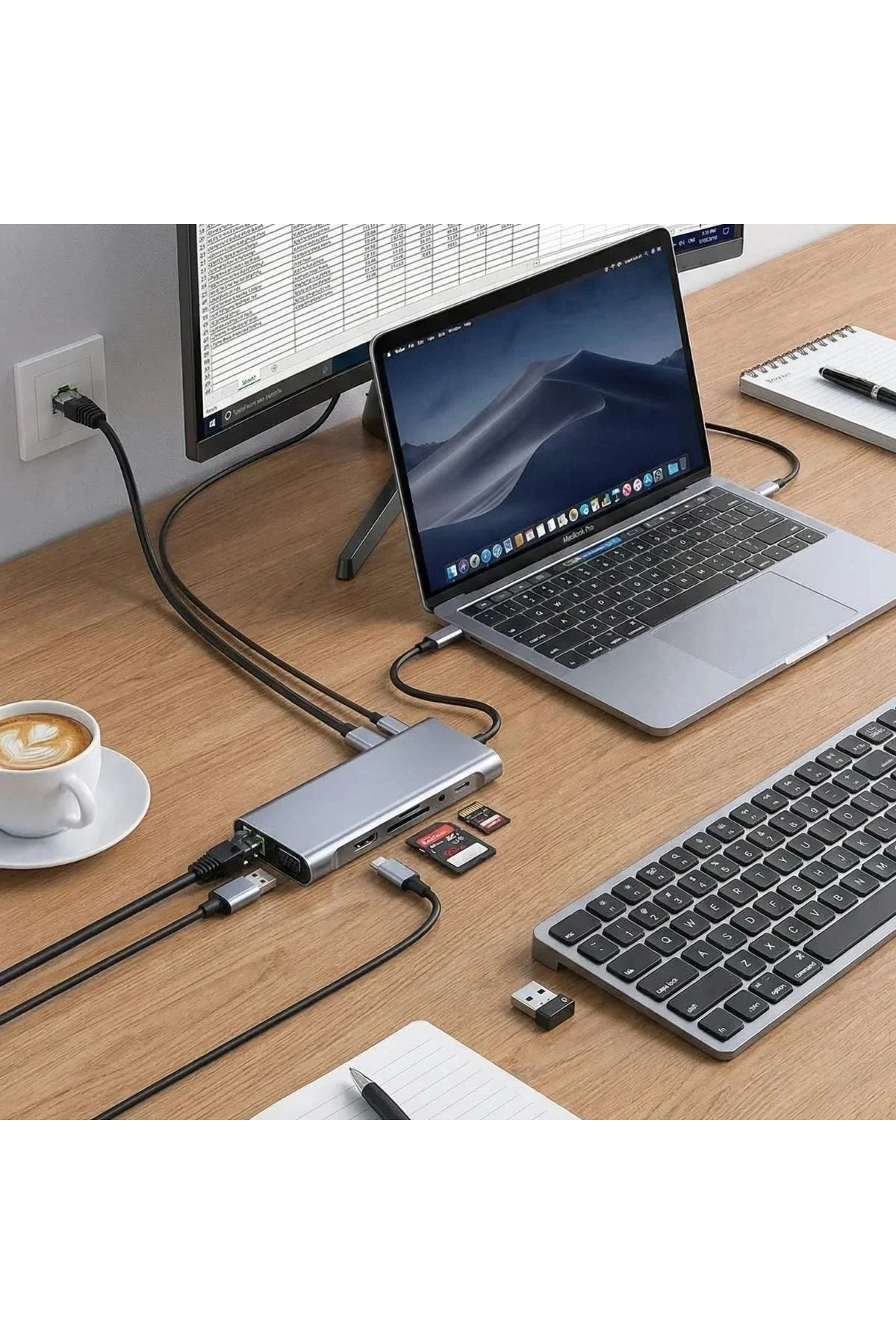 8in1 Type-C Çoklayıcı Hub HD 4K USB 3.0 SD TF Kart RJ45 Ethernet Dönüştürücü Adaptör