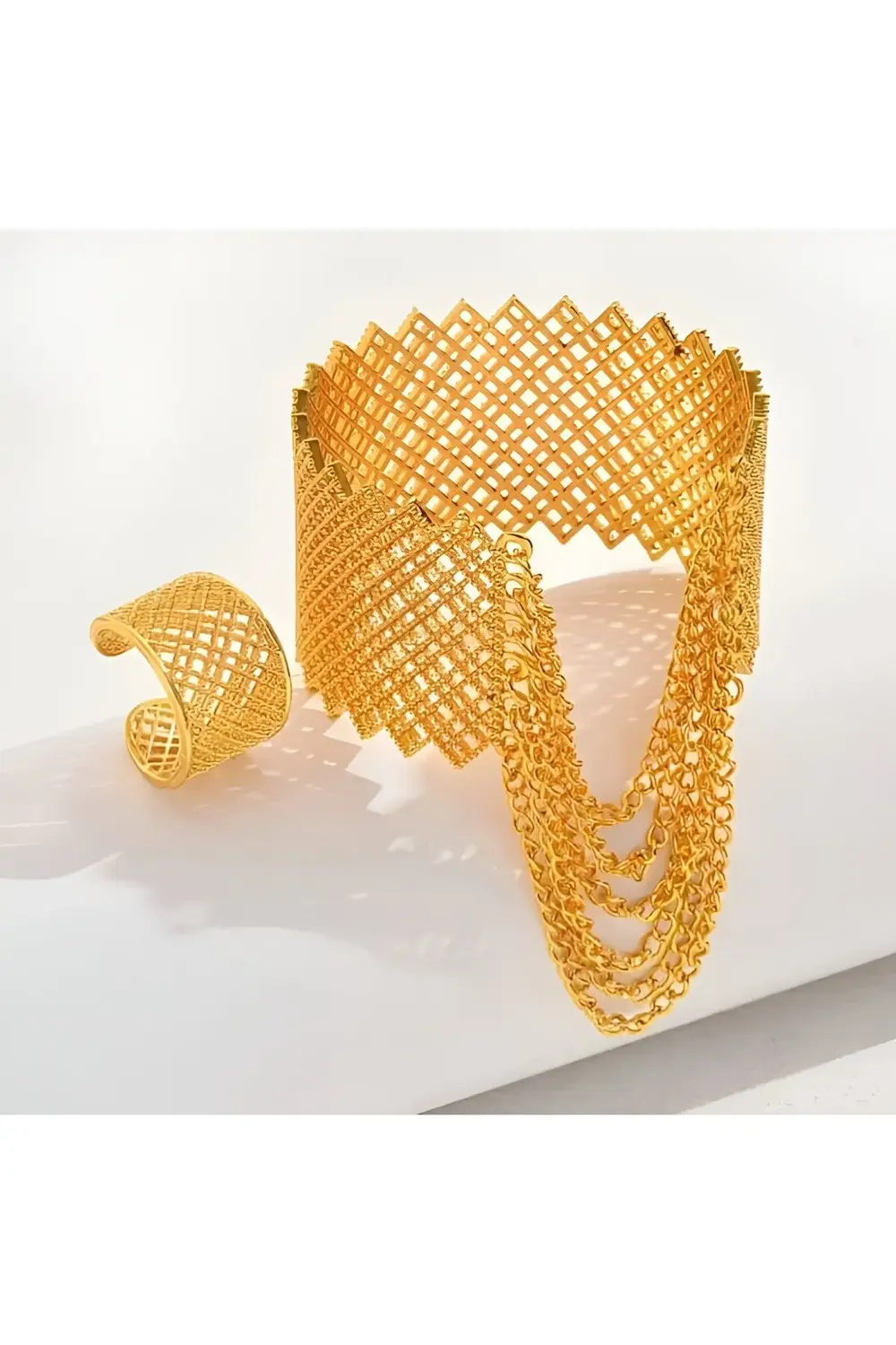 8K Altın Kaplama Kadın Bileklik ve Yüzük Seti, 2 Parça Şık Düğün