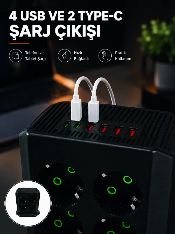 8'li Dikey Çoklu Priz 4 USB 2 Type-C Akım Korumalı Anahtarlı Priz