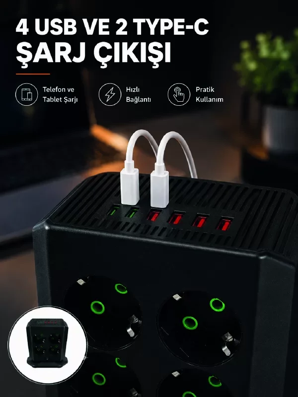 8'li Dikey Çoklu Priz: 4 USB & Type-C ile Akım Korumalı & Anahtarlı